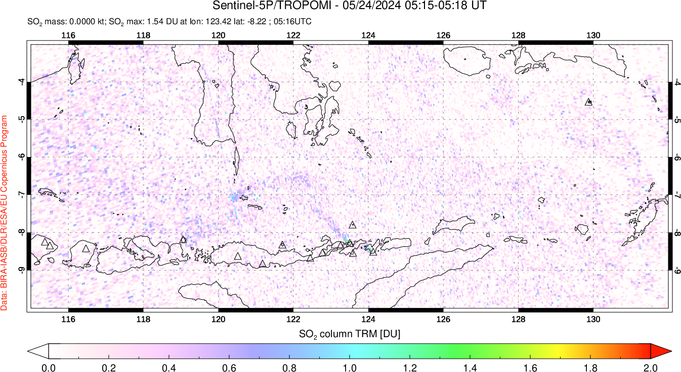 A sulfur dioxide image over Lesser Sunda Islands, Indonesia on May 24, 2024.