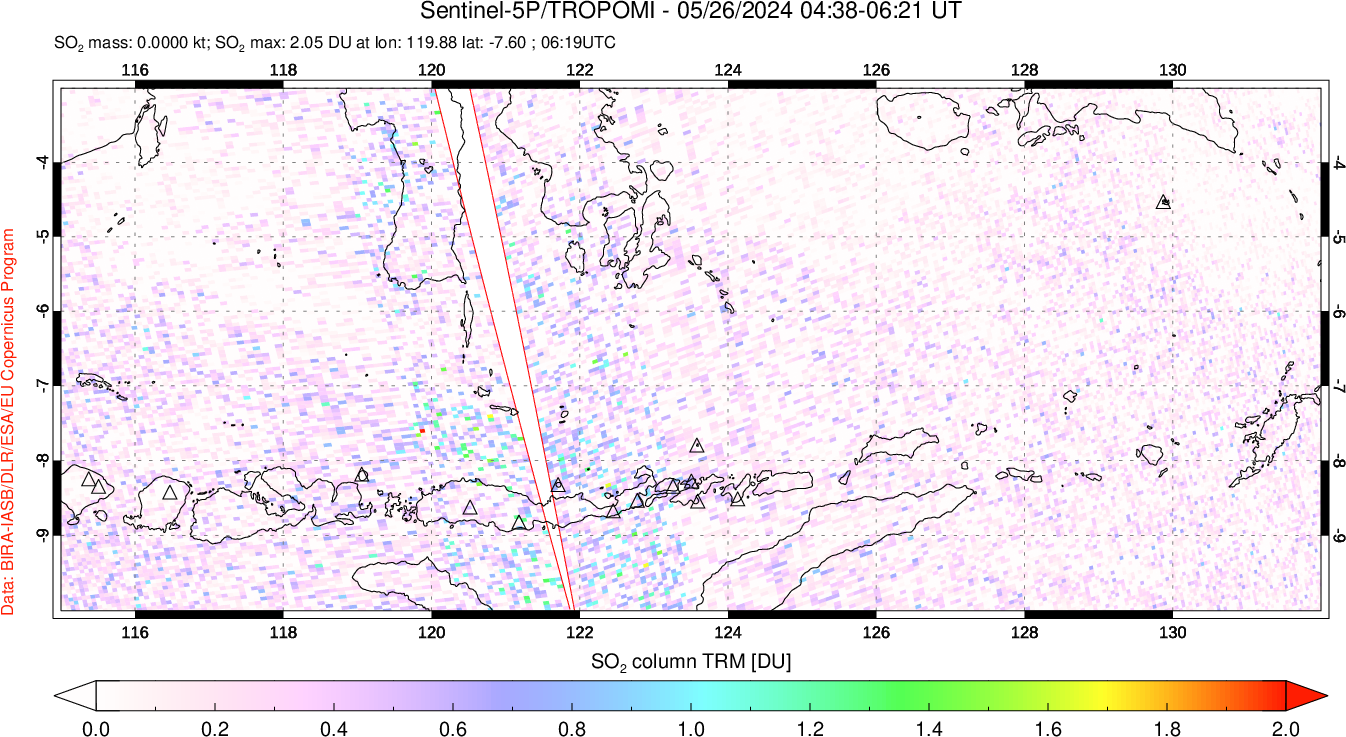 A sulfur dioxide image over Lesser Sunda Islands, Indonesia on May 26, 2024.