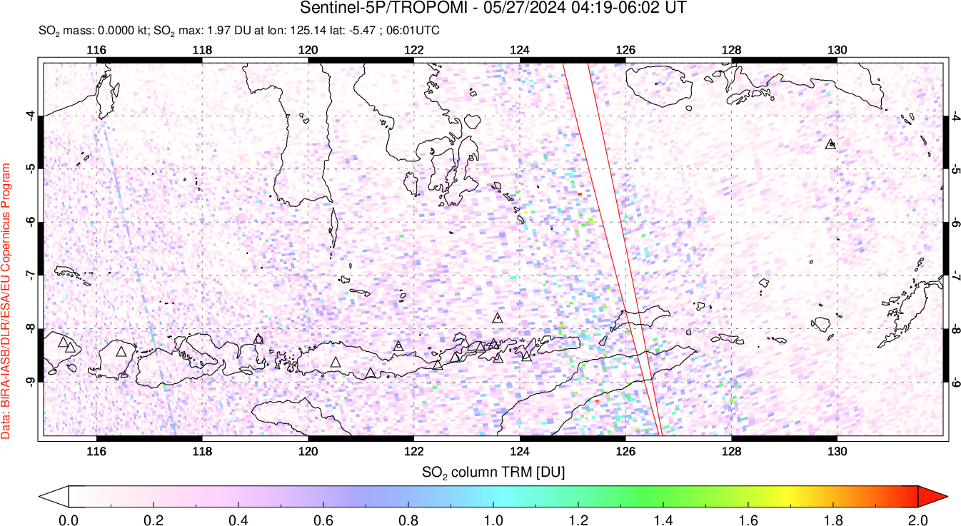 A sulfur dioxide image over Lesser Sunda Islands, Indonesia on May 27, 2024.