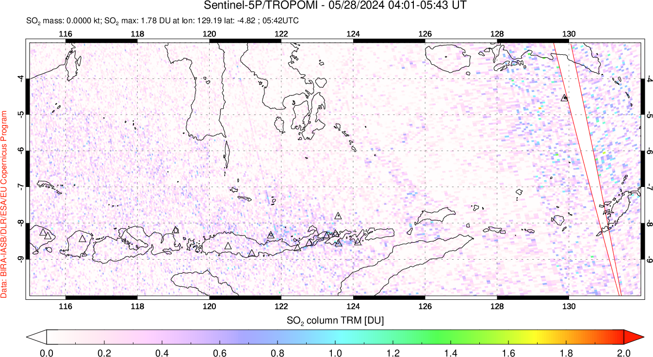 A sulfur dioxide image over Lesser Sunda Islands, Indonesia on May 28, 2024.