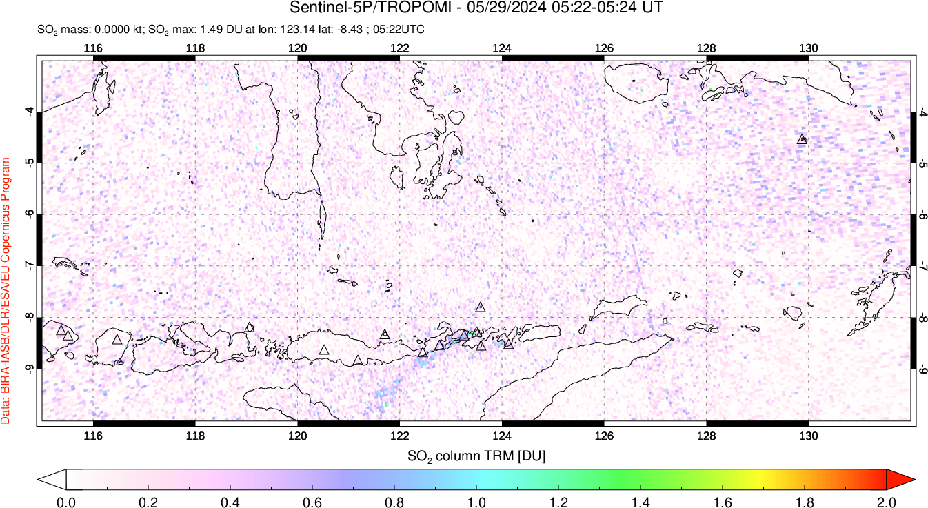 A sulfur dioxide image over Lesser Sunda Islands, Indonesia on May 29, 2024.