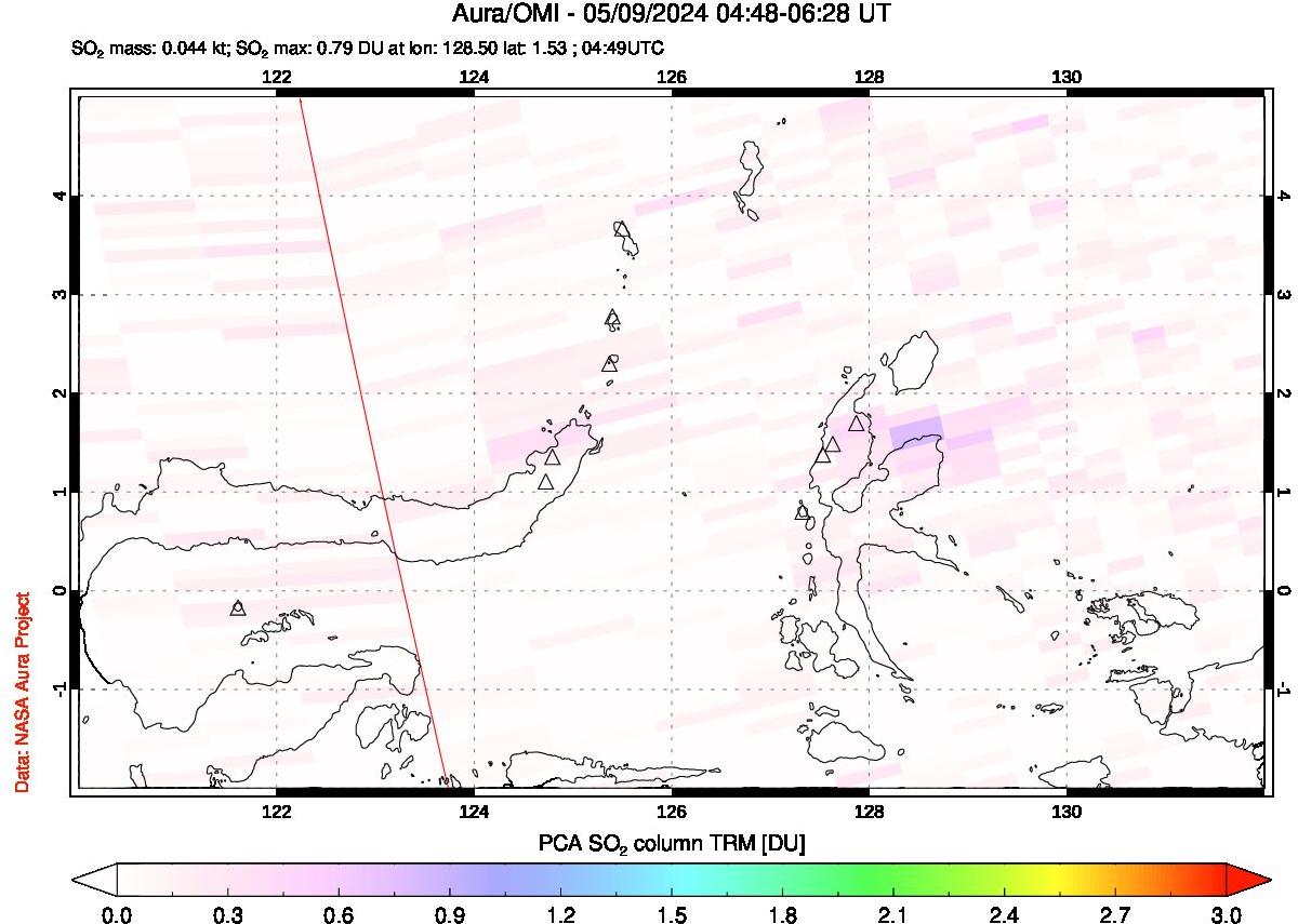 A sulfur dioxide image over Northern Sulawesi & Halmahera, Indonesia on May 09, 2024.