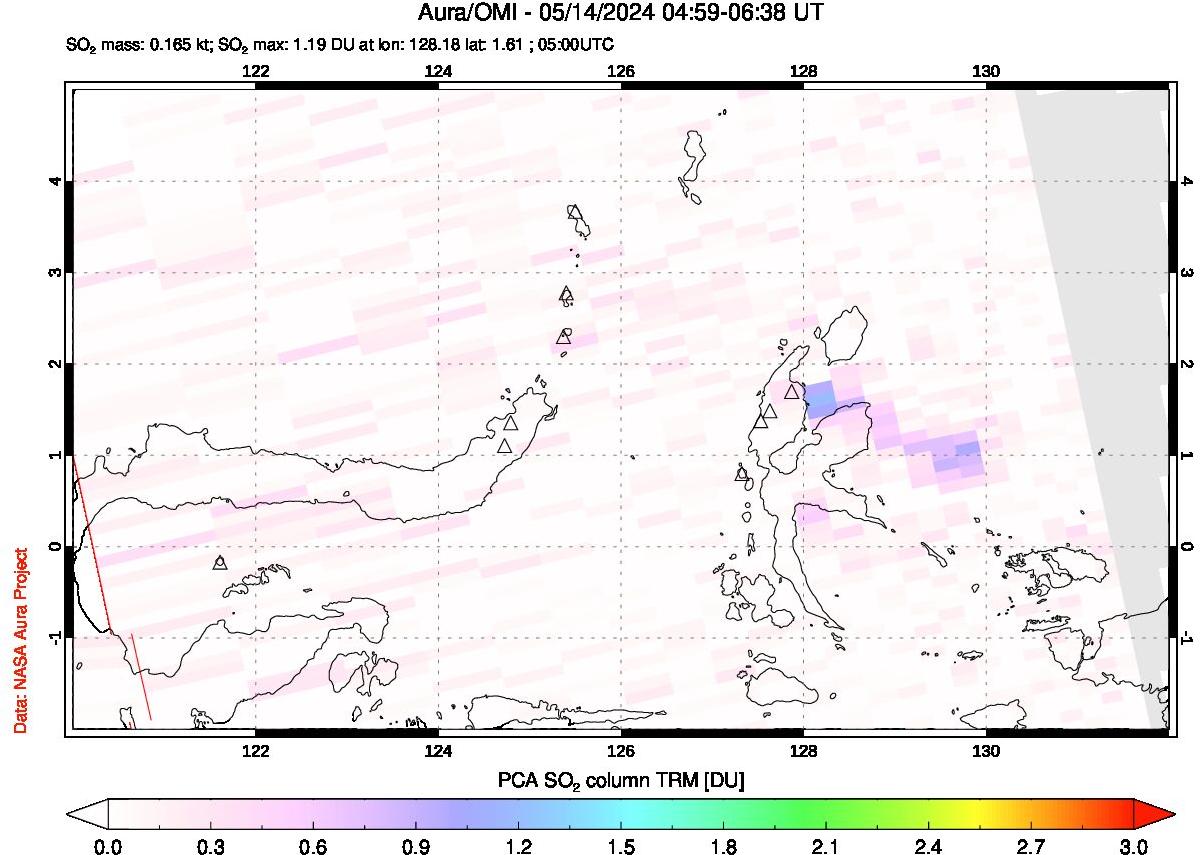A sulfur dioxide image over Northern Sulawesi & Halmahera, Indonesia on May 14, 2024.