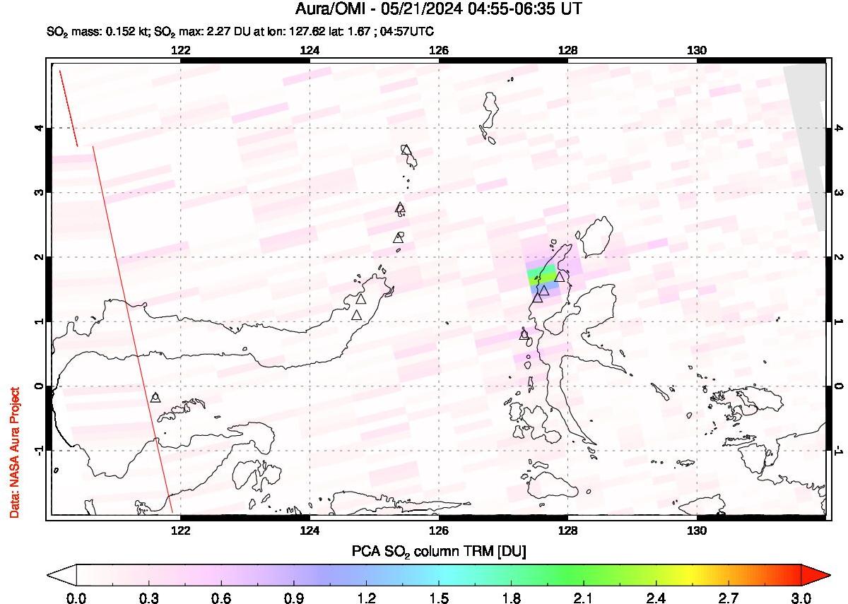 A sulfur dioxide image over Northern Sulawesi & Halmahera, Indonesia on May 21, 2024.