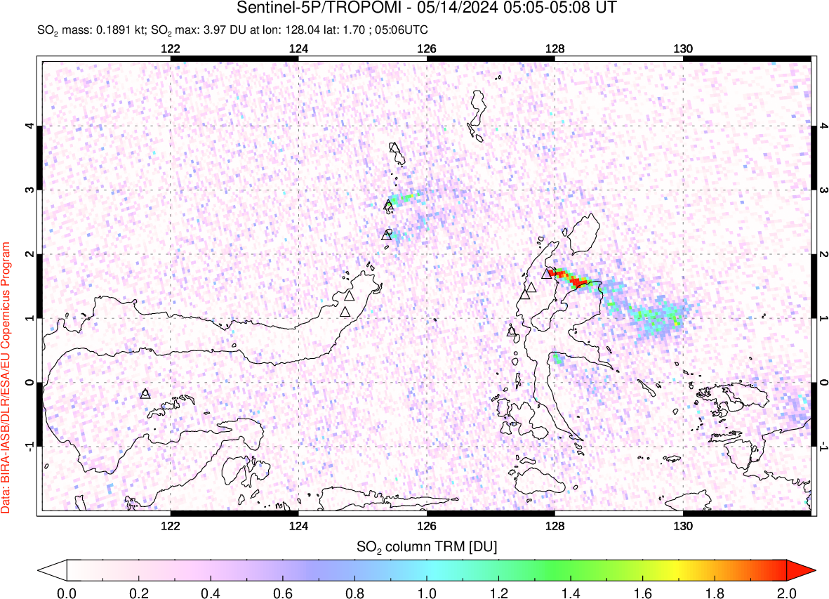 A sulfur dioxide image over Northern Sulawesi & Halmahera, Indonesia on May 14, 2024.