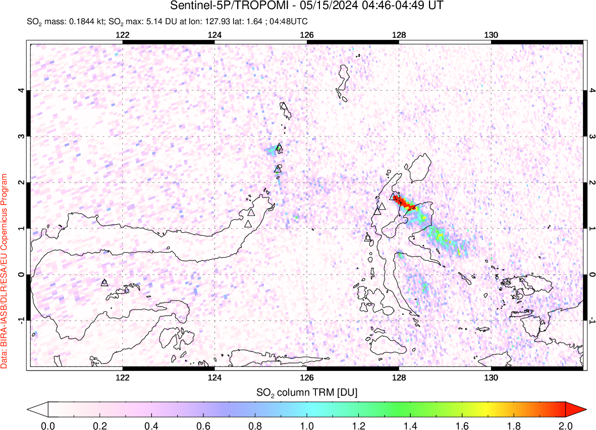 A sulfur dioxide image over Northern Sulawesi & Halmahera, Indonesia on May 15, 2024.