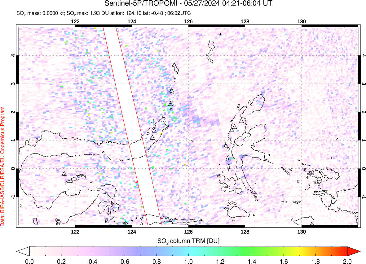 A sulfur dioxide image over Northern Sulawesi & Halmahera, Indonesia on May 27, 2024.