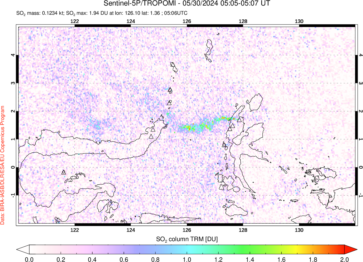 A sulfur dioxide image over Northern Sulawesi & Halmahera, Indonesia on May 30, 2024.