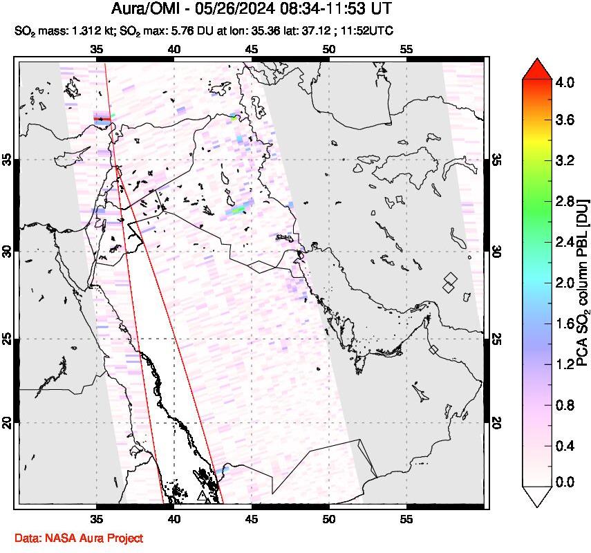 A sulfur dioxide image over Middle East on May 26, 2024.