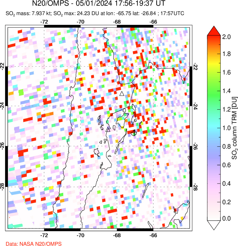 A sulfur dioxide image over Northern Chile on May 01, 2024.