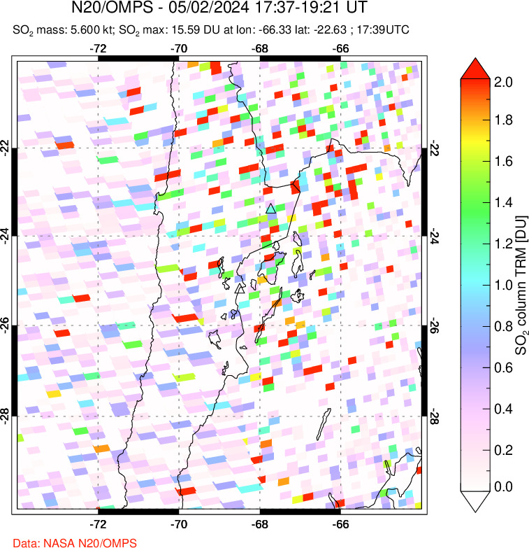 A sulfur dioxide image over Northern Chile on May 02, 2024.