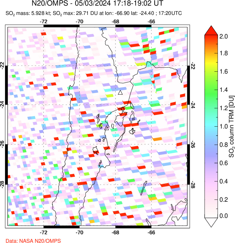 A sulfur dioxide image over Northern Chile on May 03, 2024.