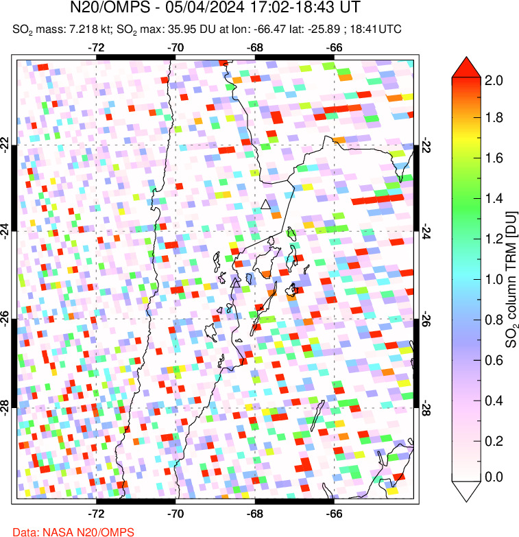 A sulfur dioxide image over Northern Chile on May 04, 2024.