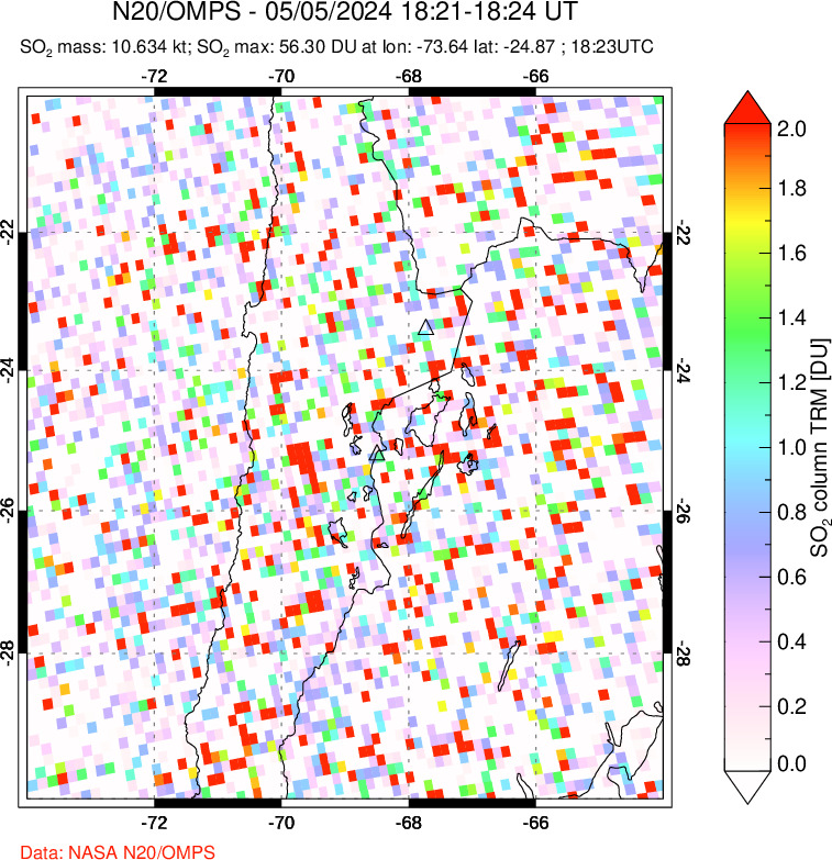 A sulfur dioxide image over Northern Chile on May 05, 2024.