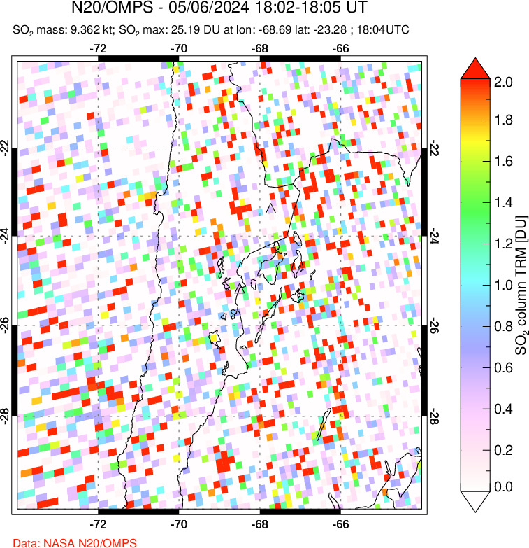 A sulfur dioxide image over Northern Chile on May 06, 2024.