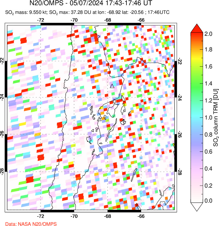 A sulfur dioxide image over Northern Chile on May 07, 2024.