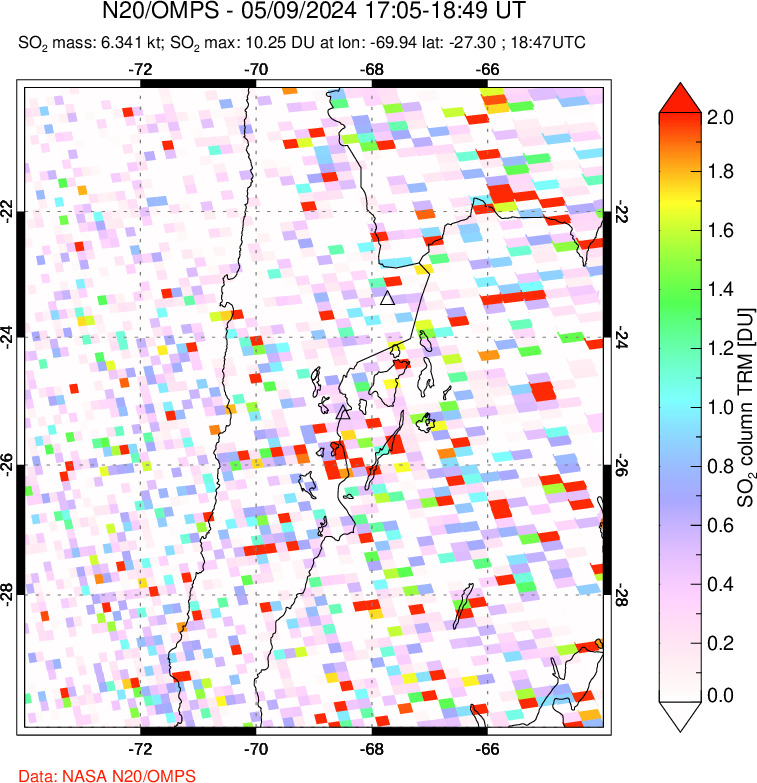 A sulfur dioxide image over Northern Chile on May 09, 2024.