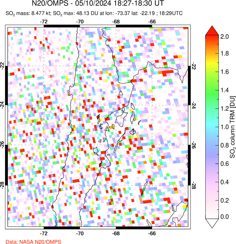 A sulfur dioxide image over Northern Chile on May 10, 2024.