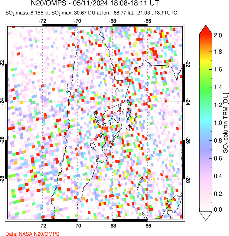 A sulfur dioxide image over Northern Chile on May 11, 2024.