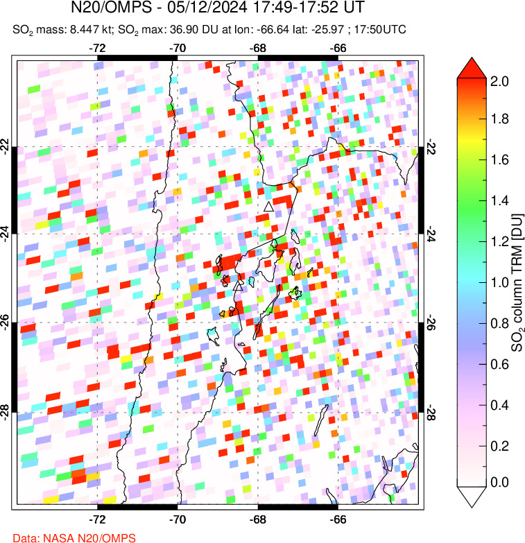 A sulfur dioxide image over Northern Chile on May 12, 2024.