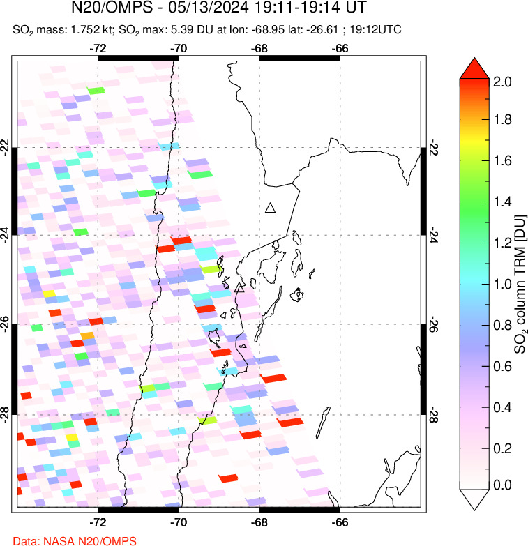 A sulfur dioxide image over Northern Chile on May 13, 2024.