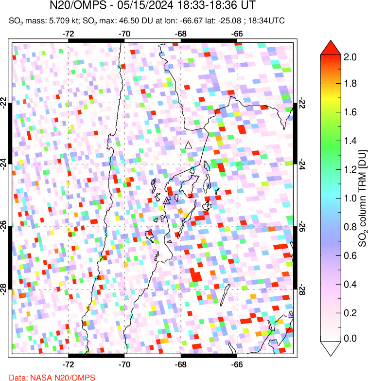 A sulfur dioxide image over Northern Chile on May 15, 2024.