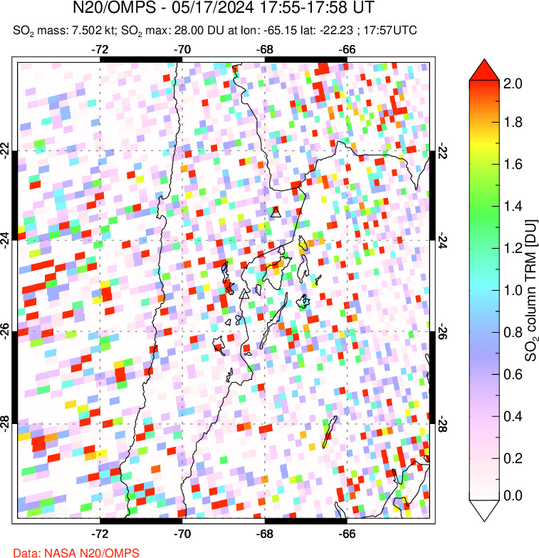 A sulfur dioxide image over Northern Chile on May 17, 2024.