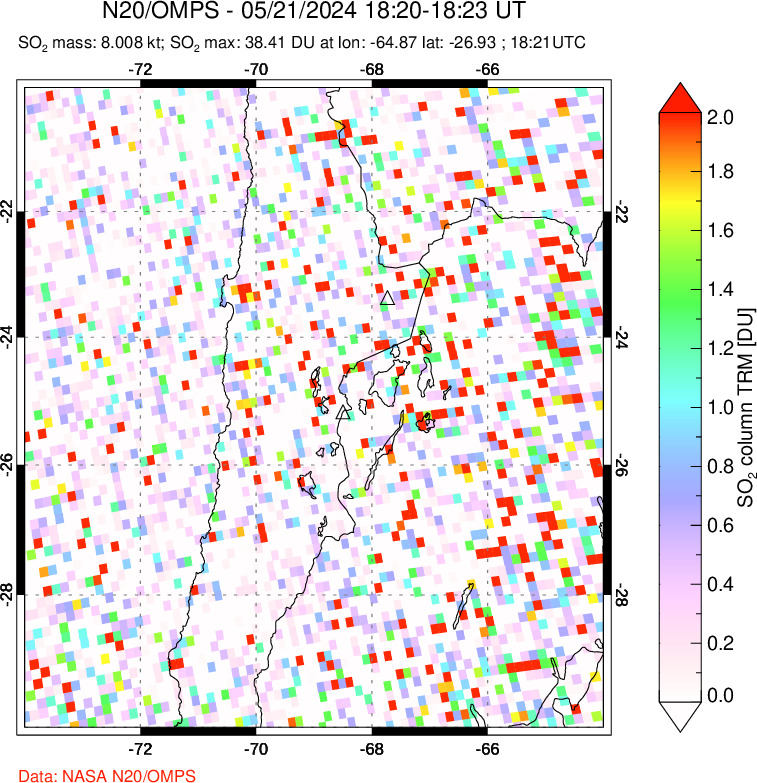 A sulfur dioxide image over Northern Chile on May 21, 2024.