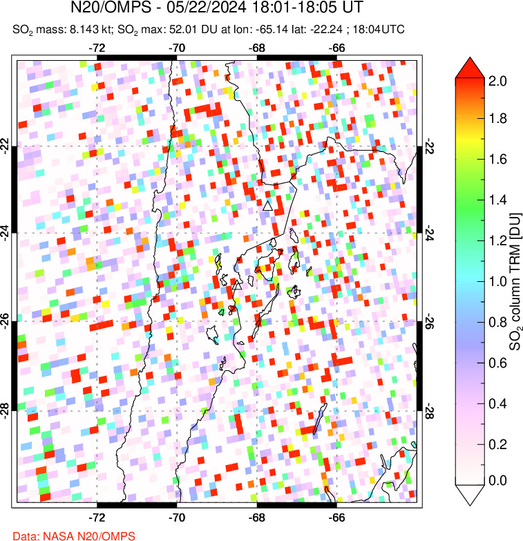 A sulfur dioxide image over Northern Chile on May 22, 2024.