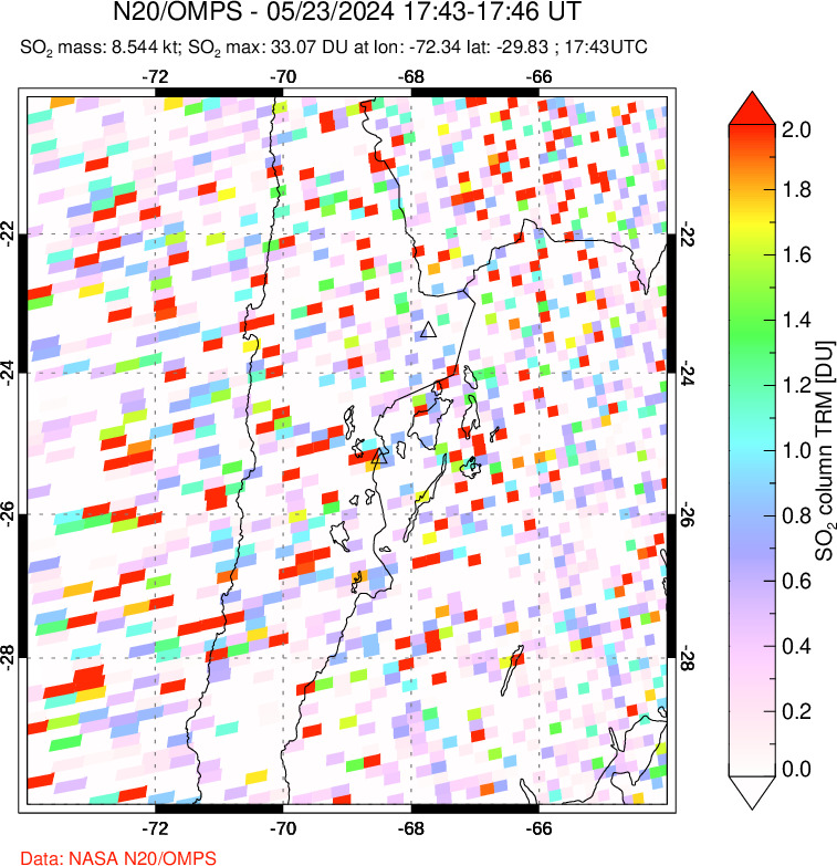 A sulfur dioxide image over Northern Chile on May 23, 2024.