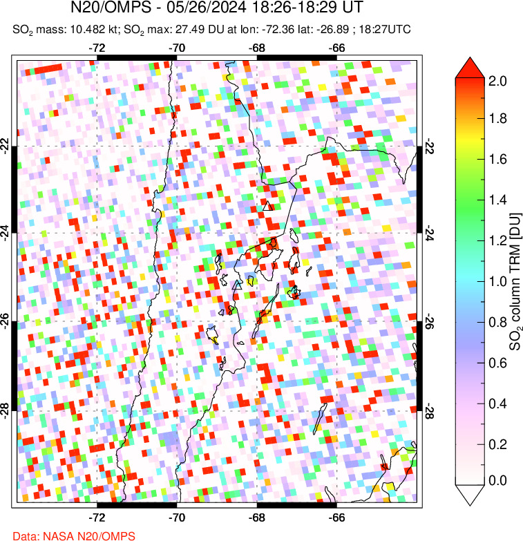 A sulfur dioxide image over Northern Chile on May 26, 2024.