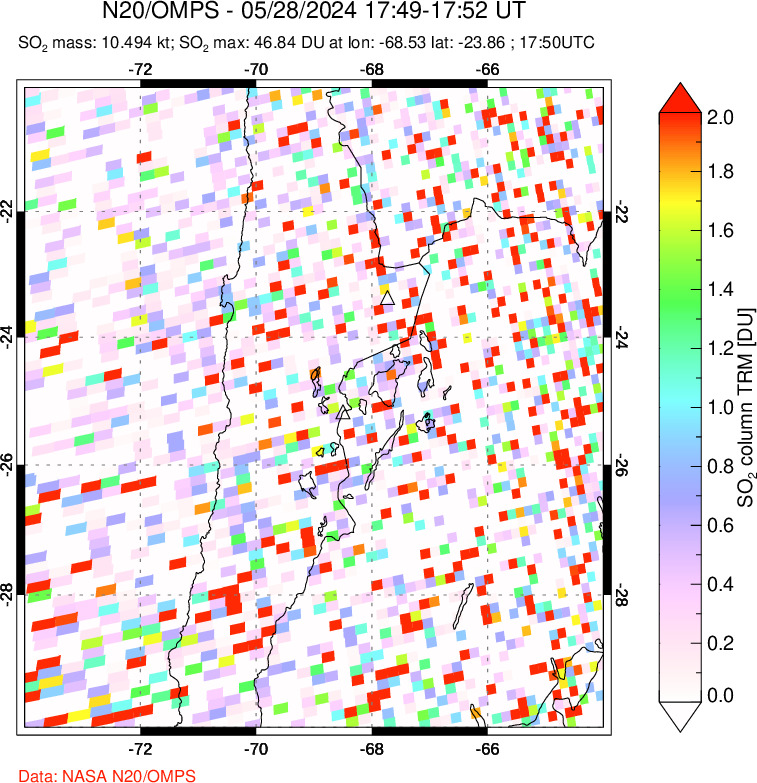 A sulfur dioxide image over Northern Chile on May 28, 2024.