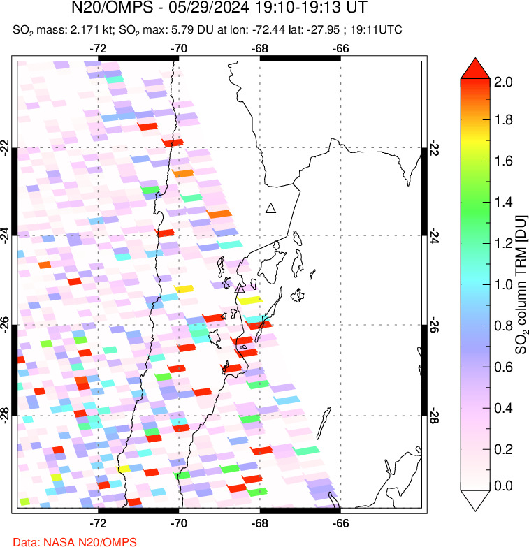 A sulfur dioxide image over Northern Chile on May 29, 2024.