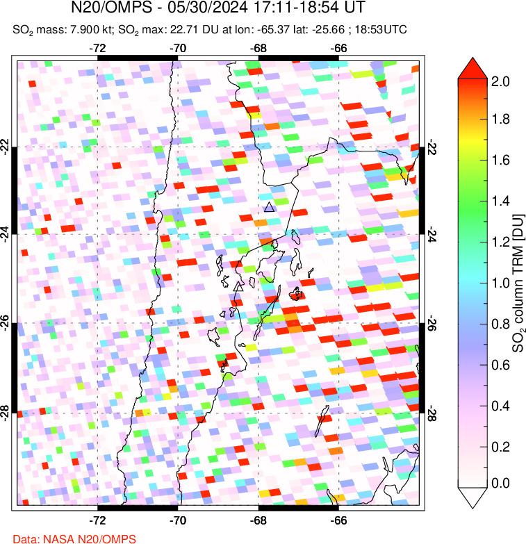 A sulfur dioxide image over Northern Chile on May 30, 2024.