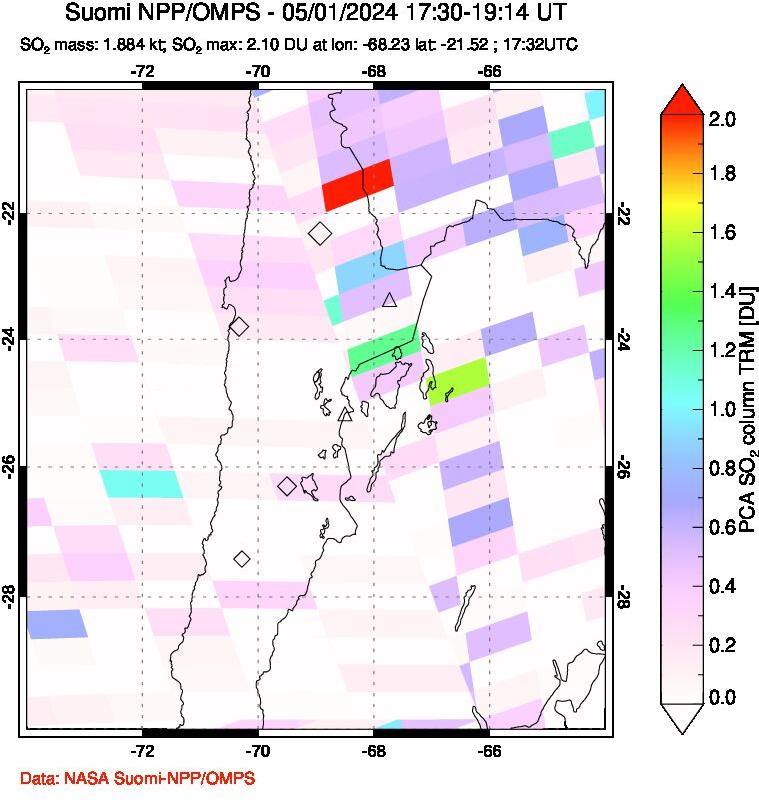 A sulfur dioxide image over Northern Chile on May 01, 2024.