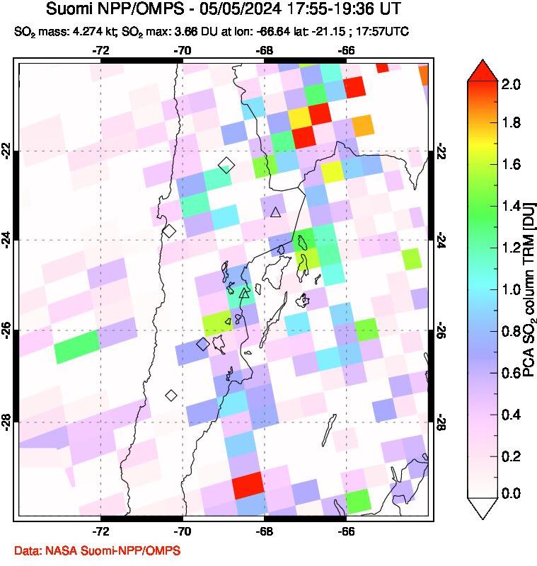 A sulfur dioxide image over Northern Chile on May 05, 2024.