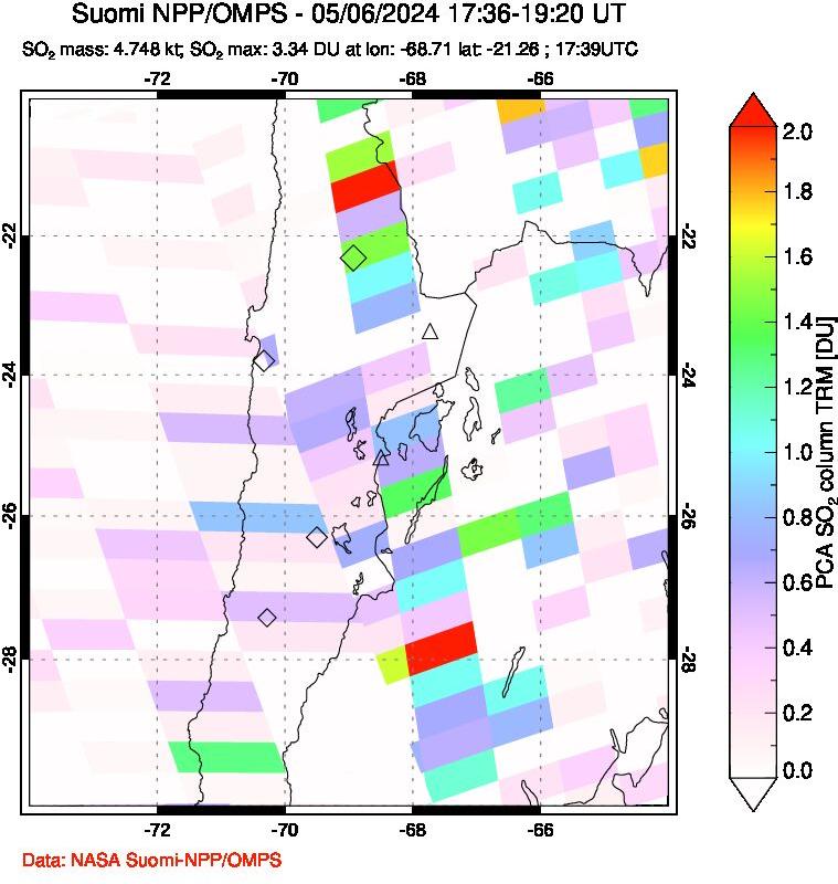 A sulfur dioxide image over Northern Chile on May 06, 2024.