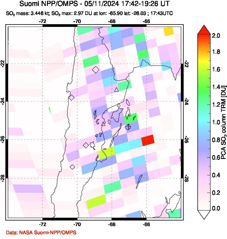 A sulfur dioxide image over Northern Chile on May 11, 2024.