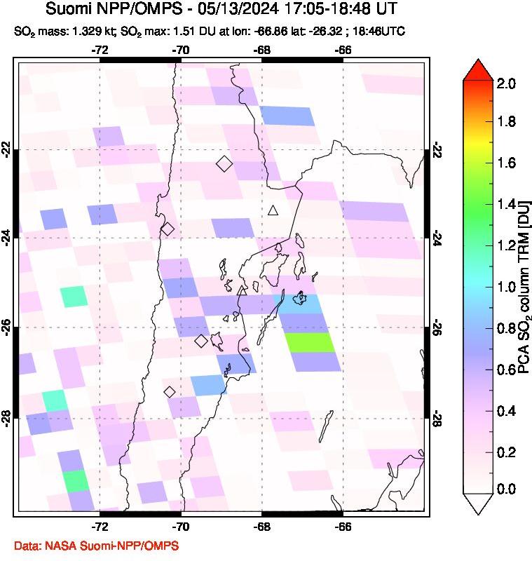 A sulfur dioxide image over Northern Chile on May 13, 2024.