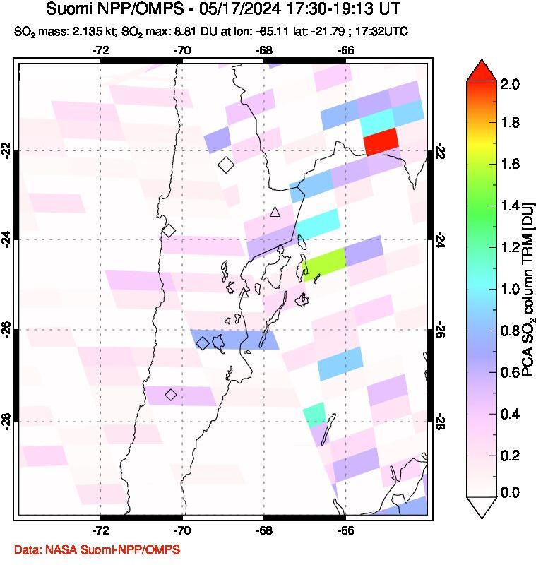 A sulfur dioxide image over Northern Chile on May 17, 2024.