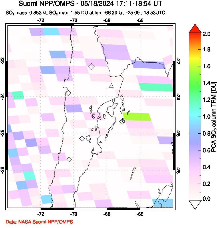 A sulfur dioxide image over Northern Chile on May 18, 2024.