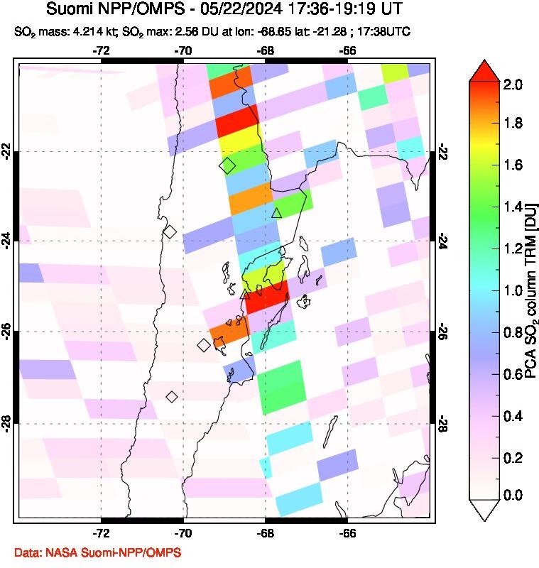 A sulfur dioxide image over Northern Chile on May 22, 2024.