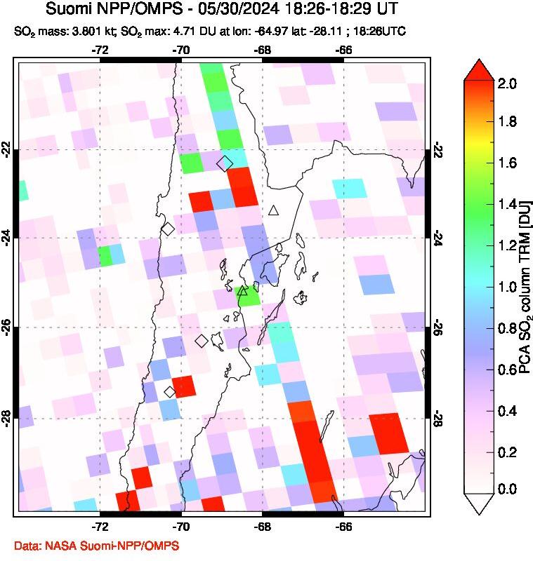 A sulfur dioxide image over Northern Chile on May 30, 2024.