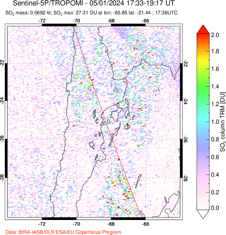 A sulfur dioxide image over Northern Chile on May 01, 2024.