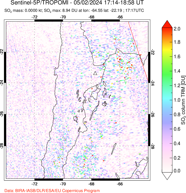 A sulfur dioxide image over Northern Chile on May 02, 2024.