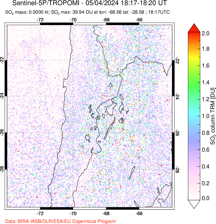 A sulfur dioxide image over Northern Chile on May 04, 2024.