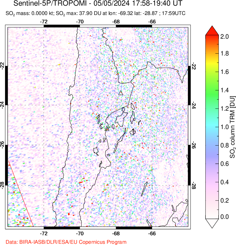 A sulfur dioxide image over Northern Chile on May 05, 2024.