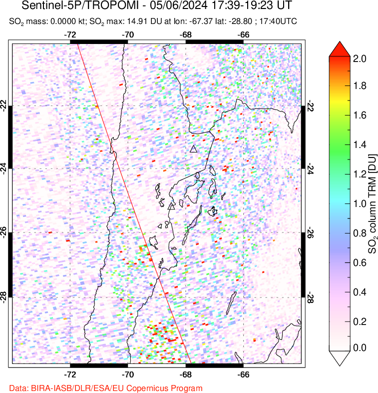 A sulfur dioxide image over Northern Chile on May 06, 2024.