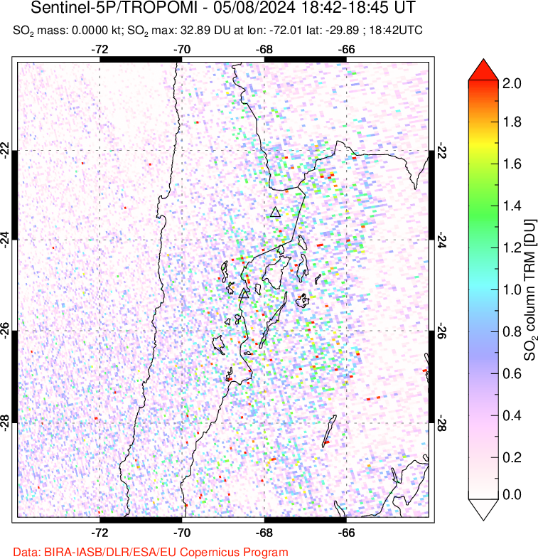 A sulfur dioxide image over Northern Chile on May 08, 2024.