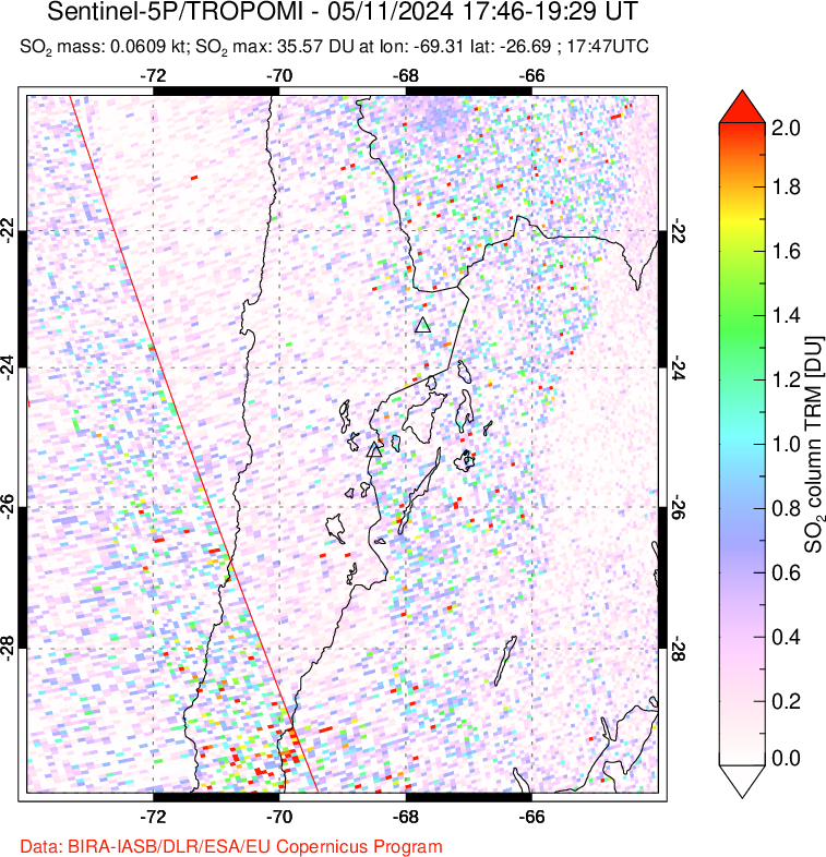 A sulfur dioxide image over Northern Chile on May 11, 2024.